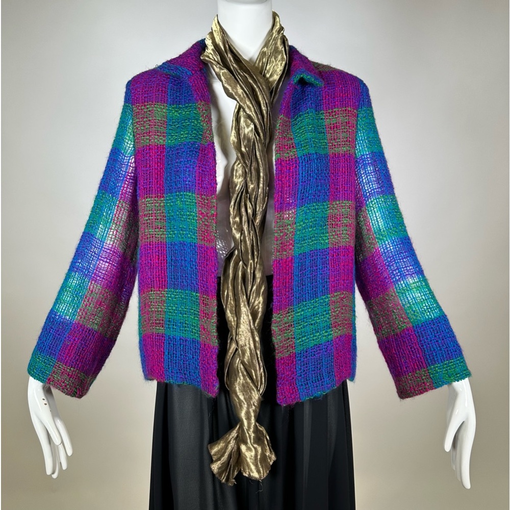 40’s - 50’s Vera Maxwell Cardigan Woven Open Front Plaid Purple Blue Green M